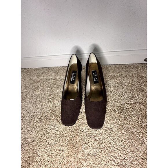 Stuart Weitzman Choc Brown Fabric Round Square Toe Curved Block Heel Pumps. 7M - Picture 2 of 11